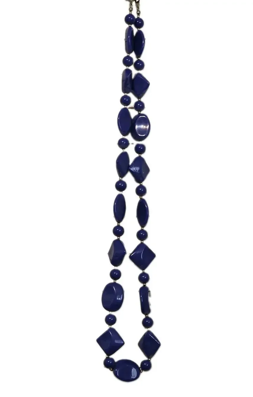 Vtg Chunky Cobalt Blue Lucite Bead Necklace Gold Tone Spacer Statement Retro 70s